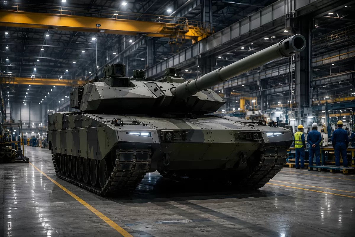 Moderner Kampfpanzer in einer Industriehalle