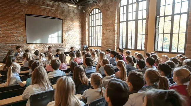 Moderner Klassenraum mit Schülern in Ziegelsteinwänden