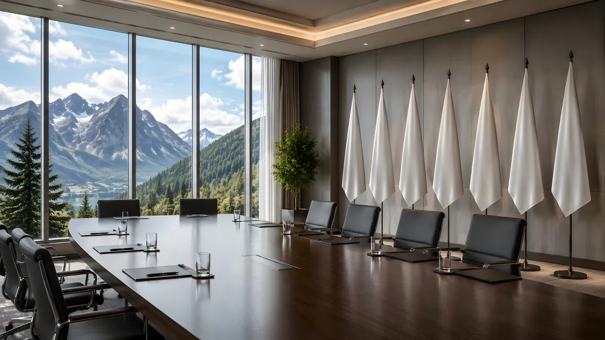 Moderner Konferenzraum mit Bergpanorama und Flaggen