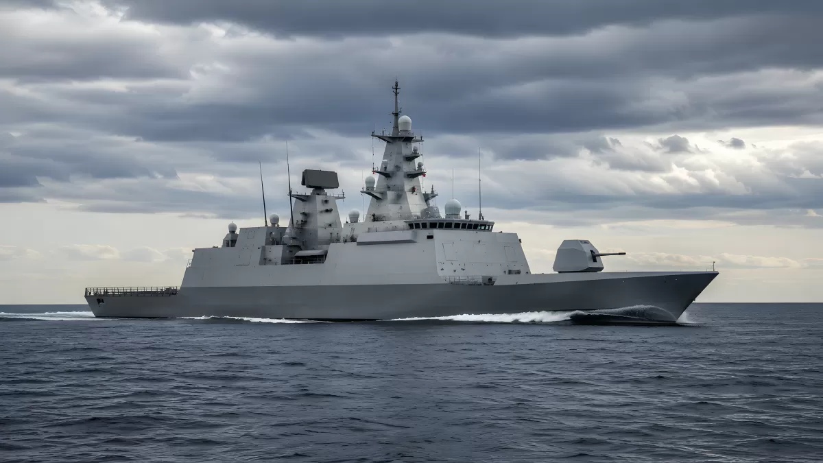 Moderner Kriegsschiff auf hoher See unter Wolkenhimmel