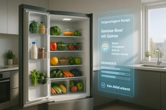 Moderner Kühlschrankinhalt mit Rezeptvorschlag für gesunde Gemüse-Bowl