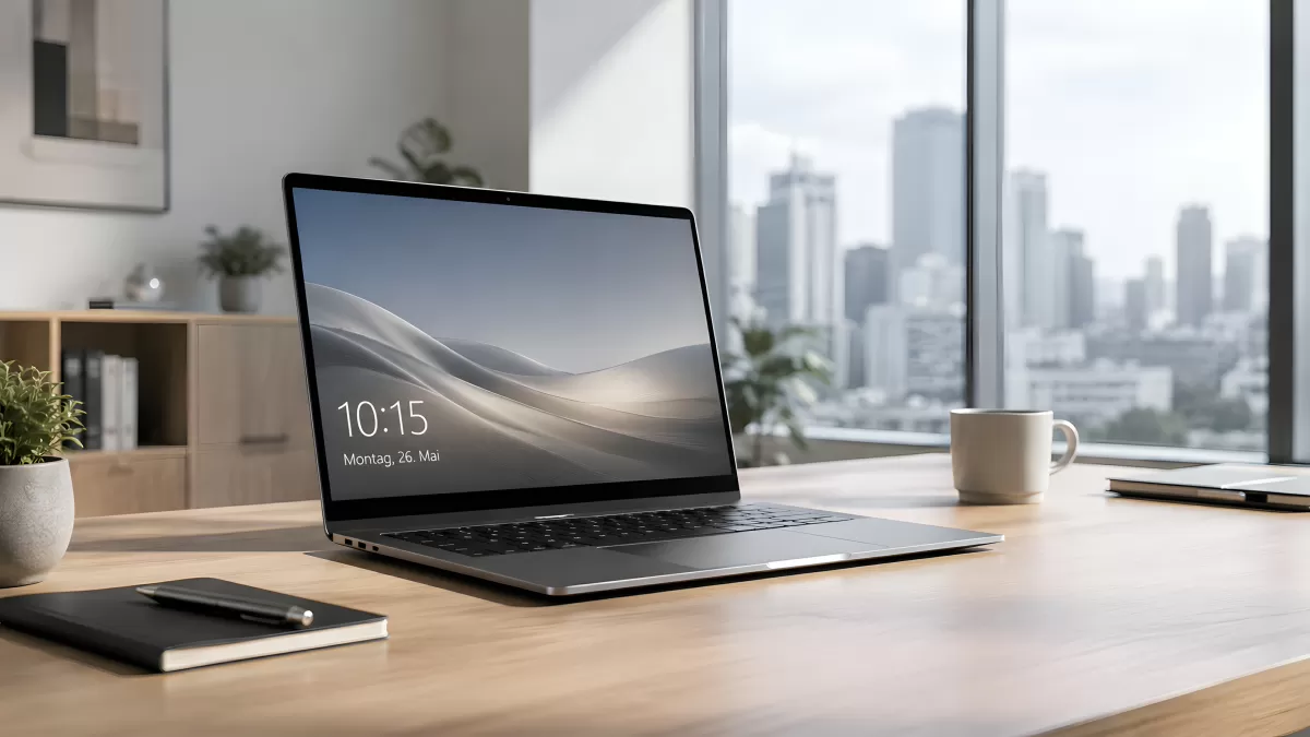 Moderner Laptop auf Holzschreibtisch mit Stadtblick