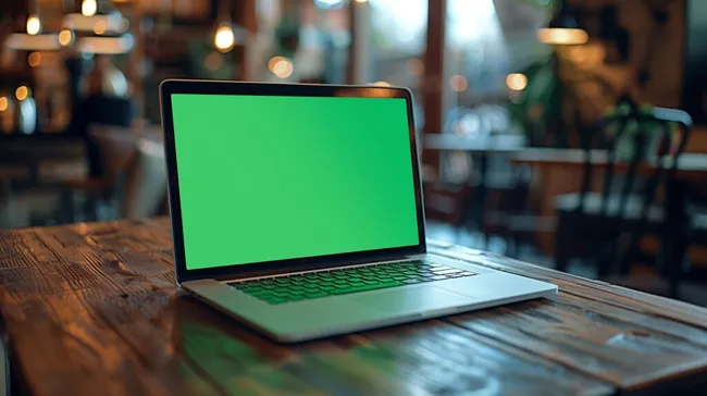 Moderner Laptop mit Grünschirm in rustikaler Cafe-Umgebung