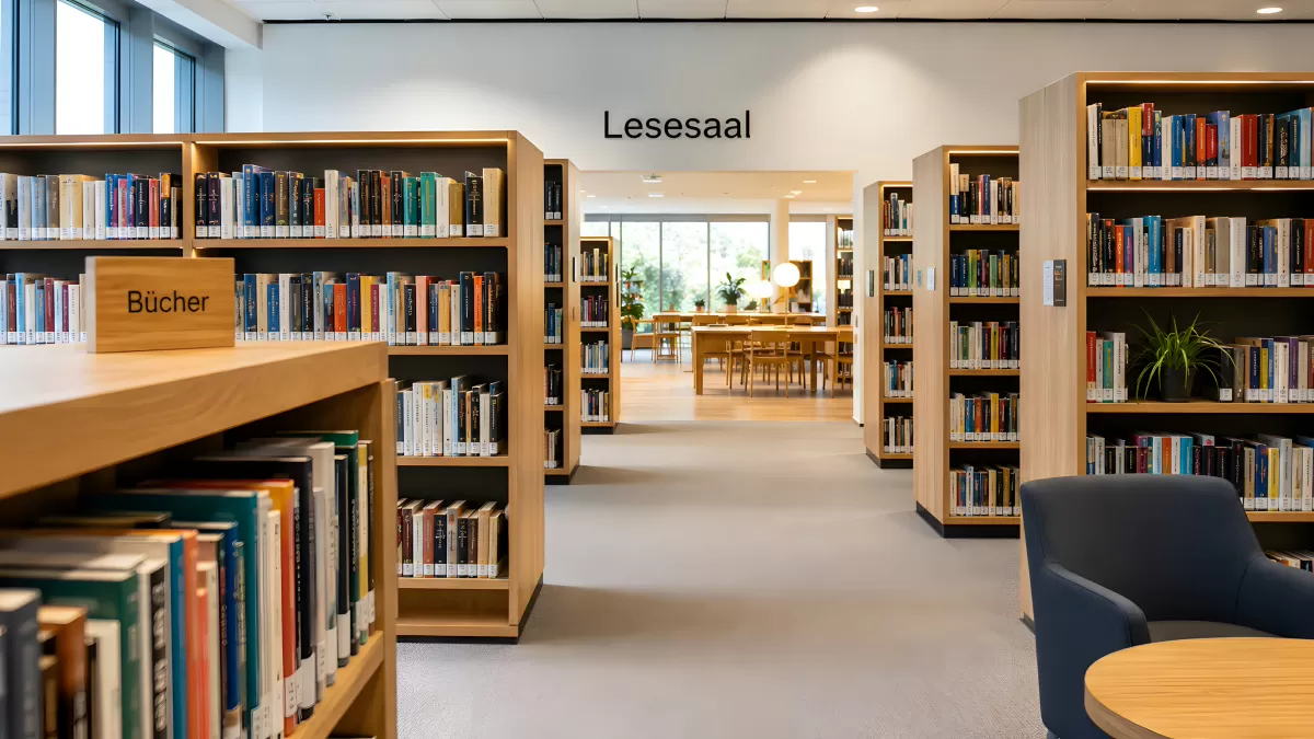 Moderner Lesesaal einer deutschen Bibliothek mit Bücherregalen