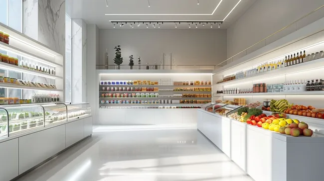 Moderner, lichtdurchfluteter Supermarkt mit frischem Obst und Gemüse