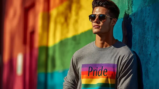 Moderner Mann mit Pride-Pullover vor bunter Wand