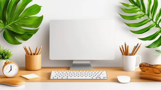 Moderner, minimalistischer Büroarbeitsplatz mit Monstera-Blättern