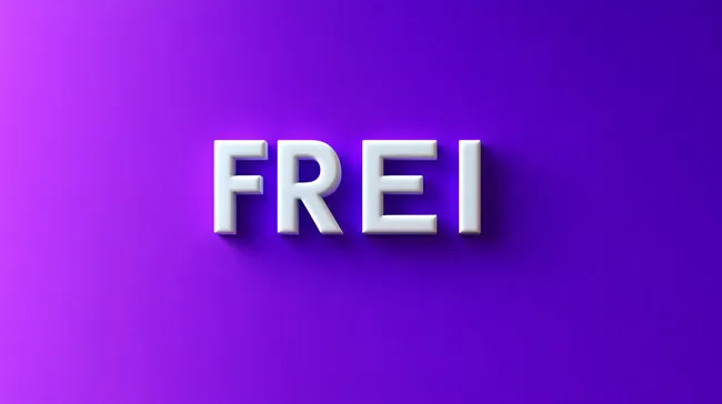 Moderner, minimalistischer 'Frei' Schriftzug auf lila Hintergrund