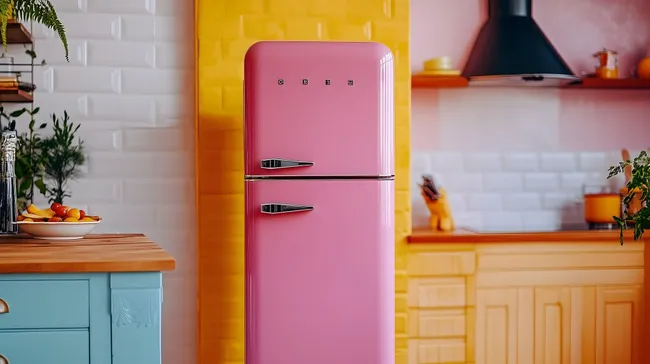 Moderner Retro-Kühlschrank in knalliger Küchenszene