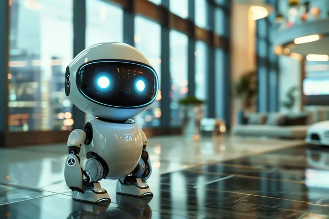 Moderner Roboter mit leuchtenden Augen in High-Tech-Umgebung