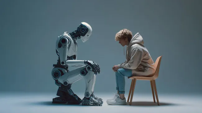 Moderner Roboter und junger Mensch in Interaktion