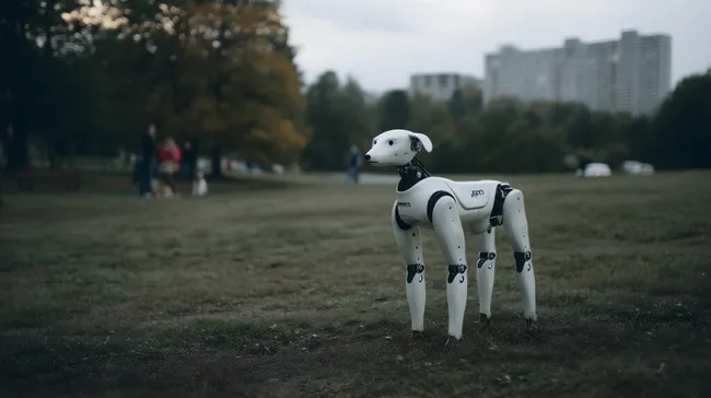 Moderner Roboterhund erkundet urbanen Stadtpark