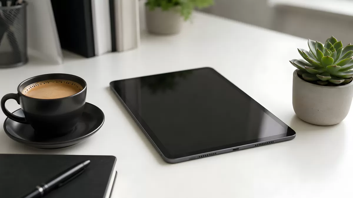 Moderner Schreibtisch mit Tablet, Kaffee und Sukkulente
