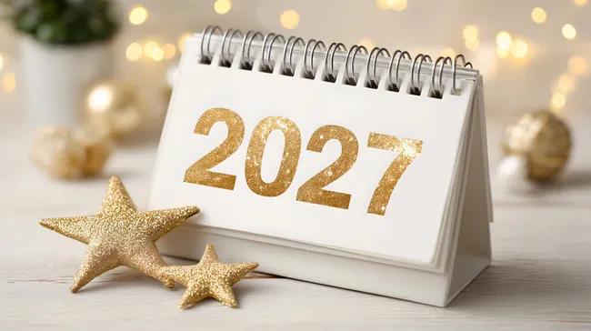 Moderner Tischkalender 2027 mit Goldglitter-Zahlen und Sternen