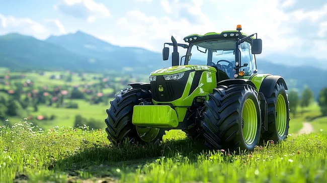 Moderner Traktor auf grüner Wiese in bergiger Landschaft