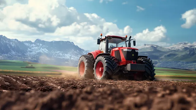 Moderner Traktor pflügt fruchtbaren Ackerboden mit Bergkulisse