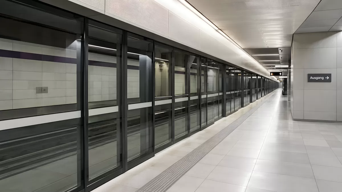 Moderner U-Bahnsteig mit Glasscheiben und Ausgang