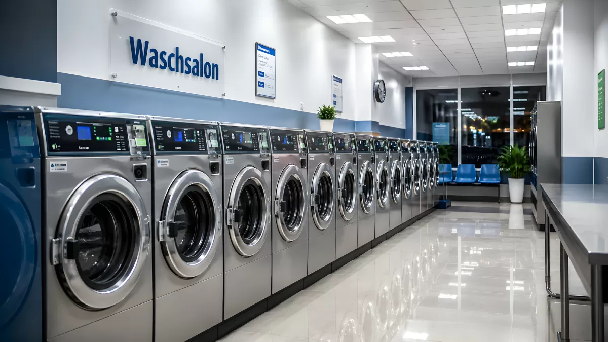 Moderner Waschsalon mit Reihe silberner Waschmaschinen