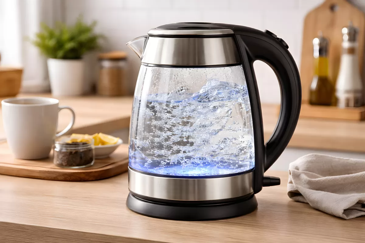 Moderner Wasserkocher auf Holzoberfläche