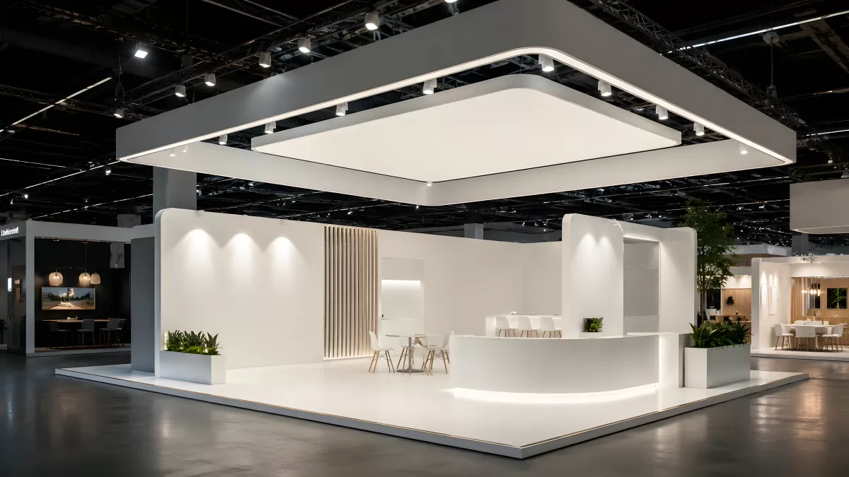Moderner weißer Messestand mit eleganter Beleuchtung