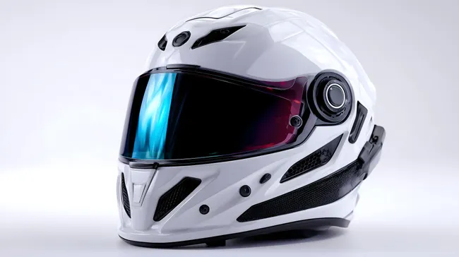Moderner, weißer Motorradhelm mit getöntem Visier