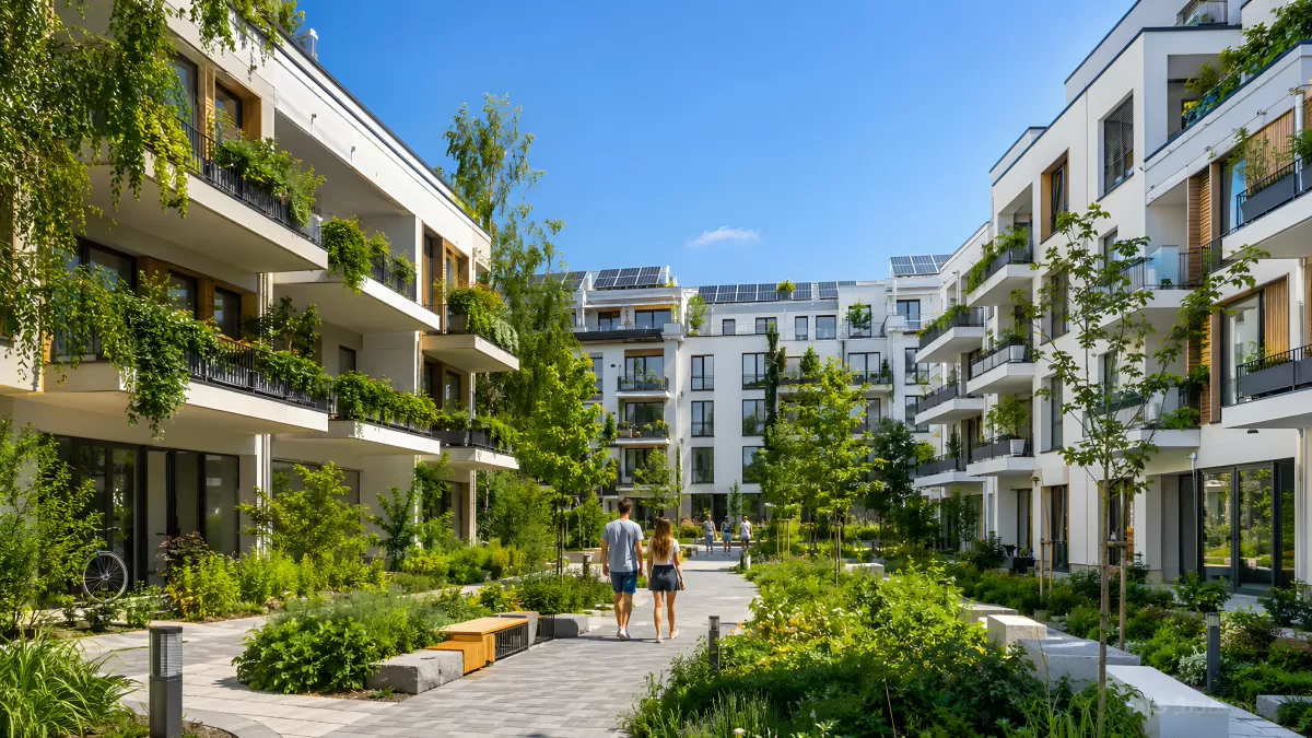 Moderner Wohnkomplex mit Innenhof und Begrünung