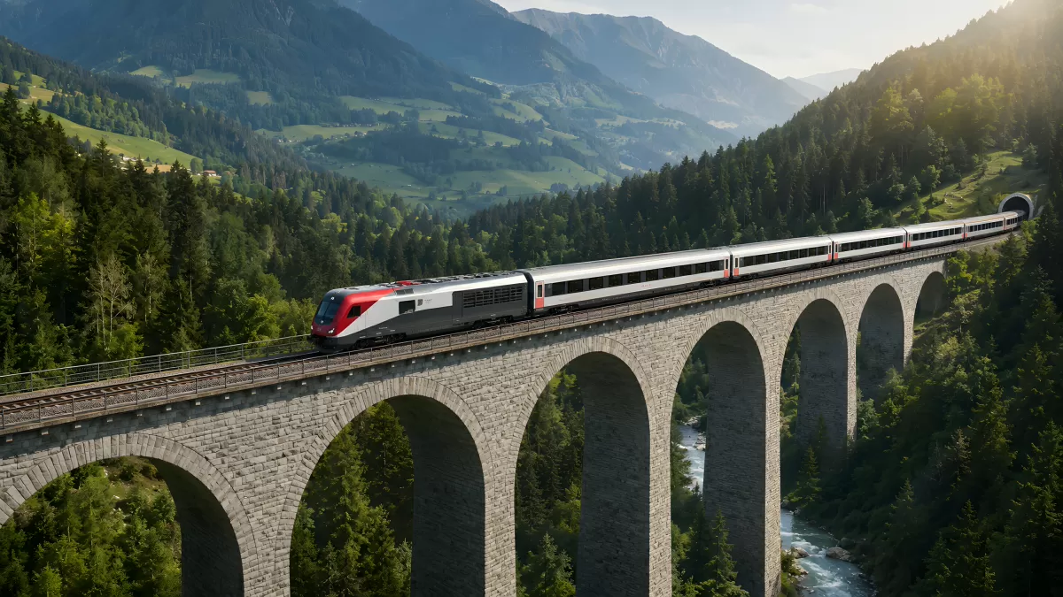 Moderner Zug auf historischem Viadukt in den Alpen