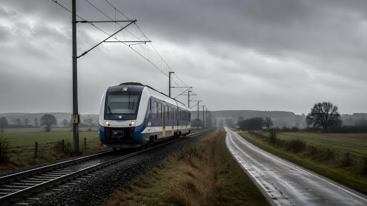 Moderner Zug fährt durch regennasse Landschaft