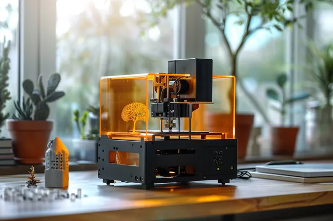 Modernes 3D-Drucker-Flatlay mit Zimmerpflanzen