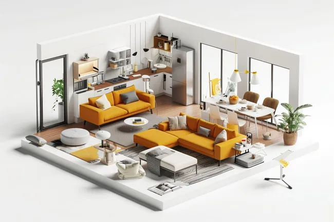 Modernes Apartment mit Sofaecke und Essbereich