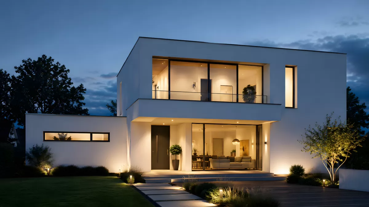 Modernes Architektenhaus bei Nacht mit Beleuchtung
