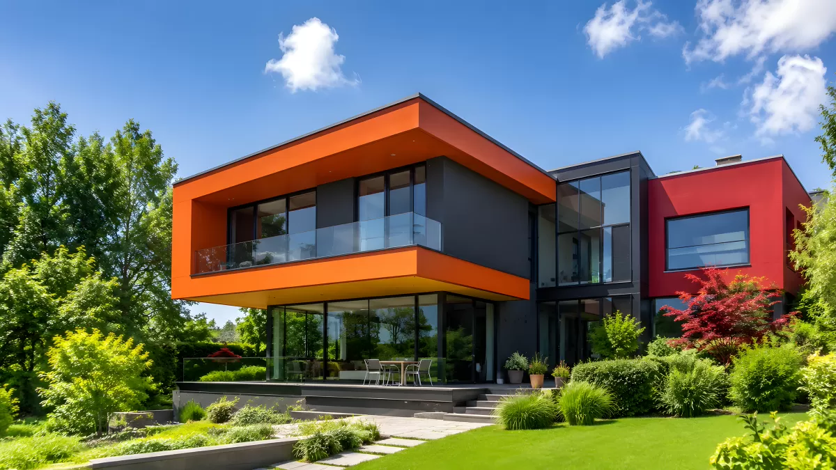 Modernes Architekturhaus mit orangefassade und Glasfront