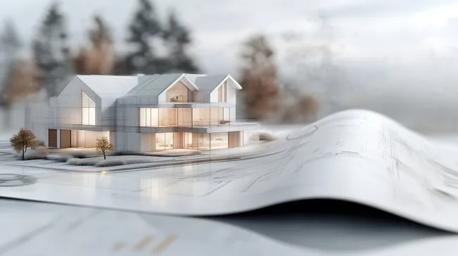 Modernes Architekturmodell mit Bauzeichnung im Schnee