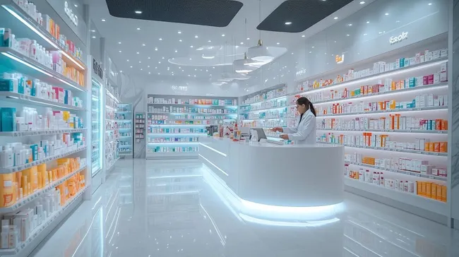 Modernes, aufgeräumtes Interieur einer Apotheke