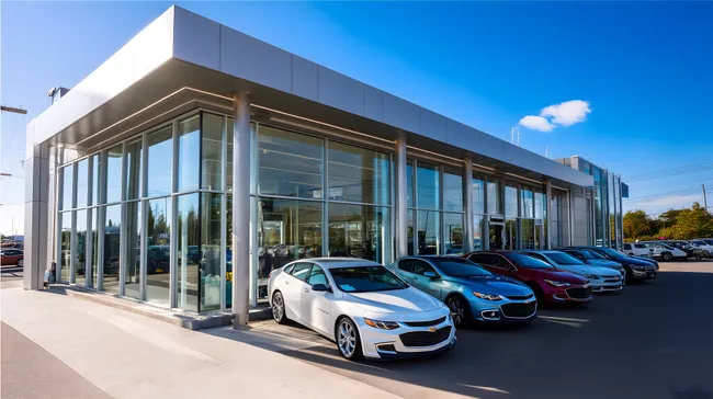 Modernes Autohaus mit Glasfassaden und Neuwagen