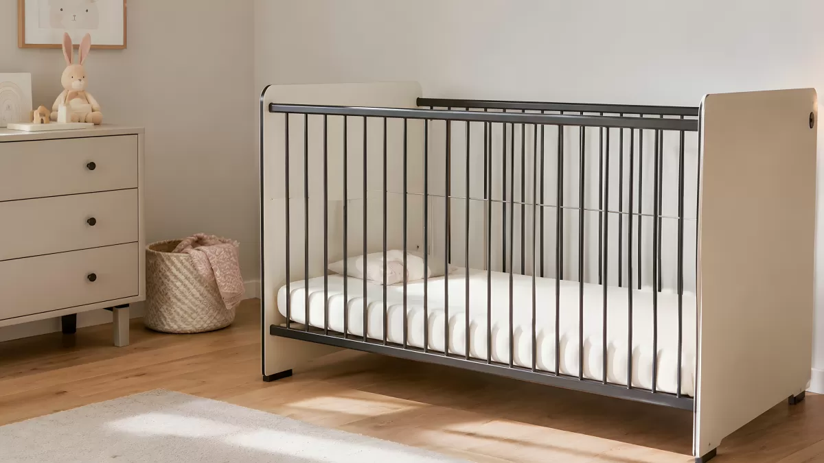 Modernes Babybett im hellen Kinderzimmer