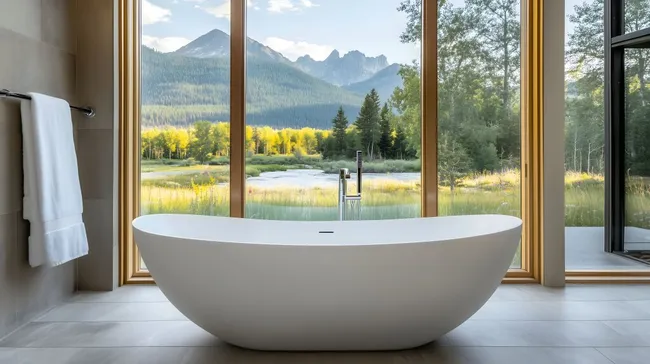 Modernes Badezimmer mit Aussicht auf die Berge