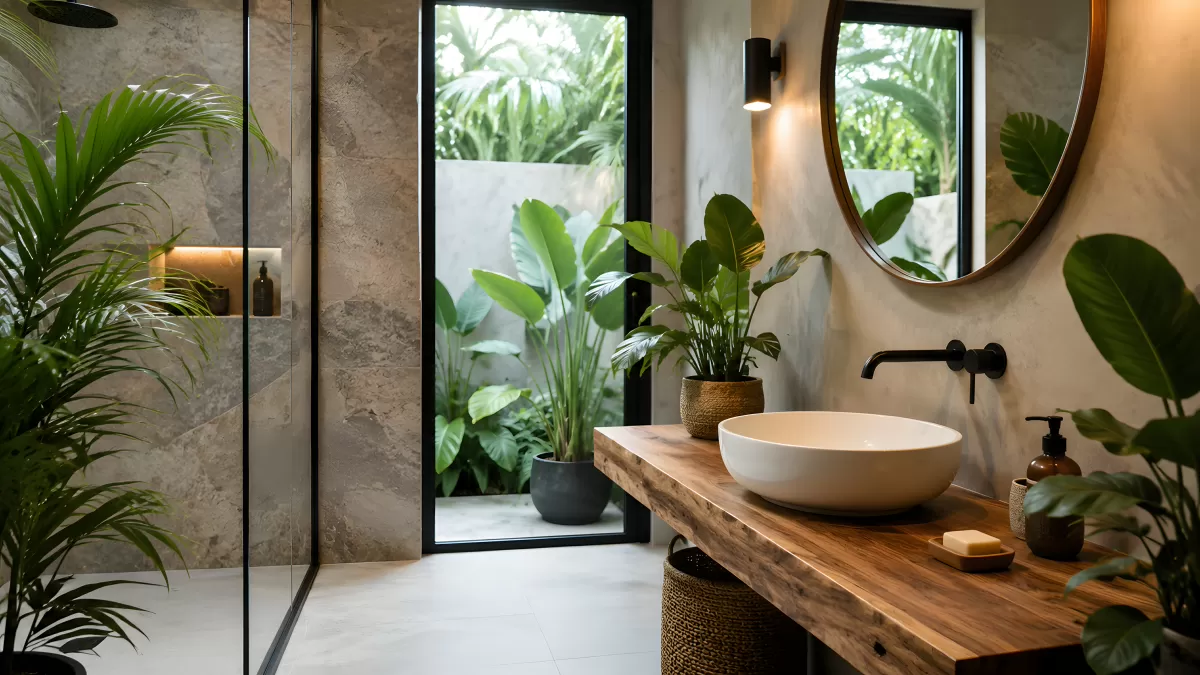 Modernes Badezimmer mit Holzwaschtisch und Tropenpflanzen