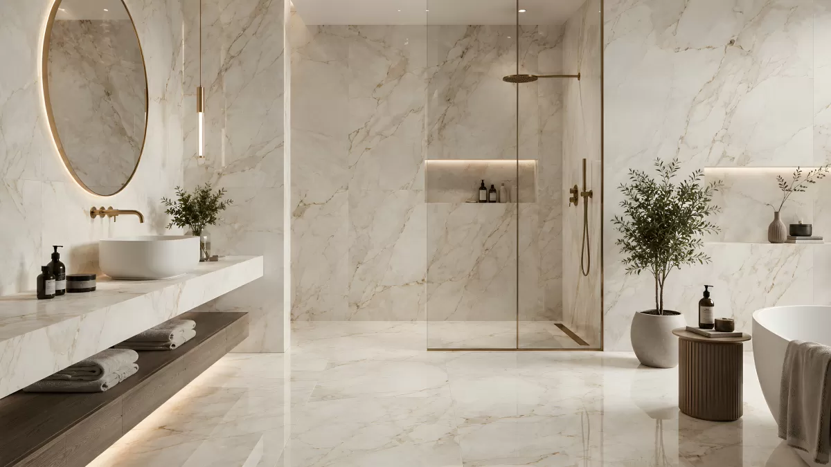 Modernes Badezimmer mit Marmor und Goldakzenten