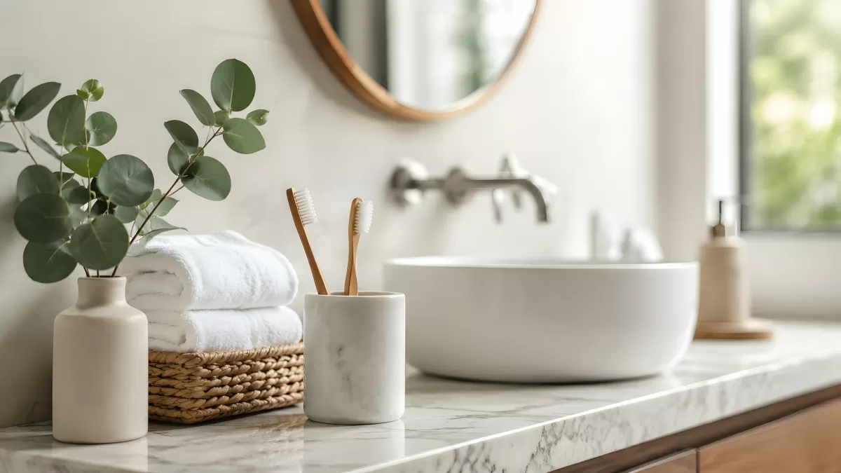 Modernes Badezimmer mit Marmor und Naturmaterialien