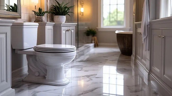 Modernes Badezimmer mit weißer Toilette und Marmorboden