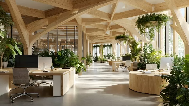 Modernes Biophilic Büro mit Holzstruktur und Pflanzen