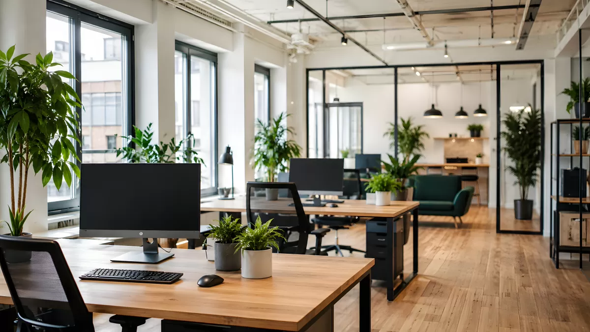 Modernes Büro mit Holzschreibtischen und Zimmerpflanzen