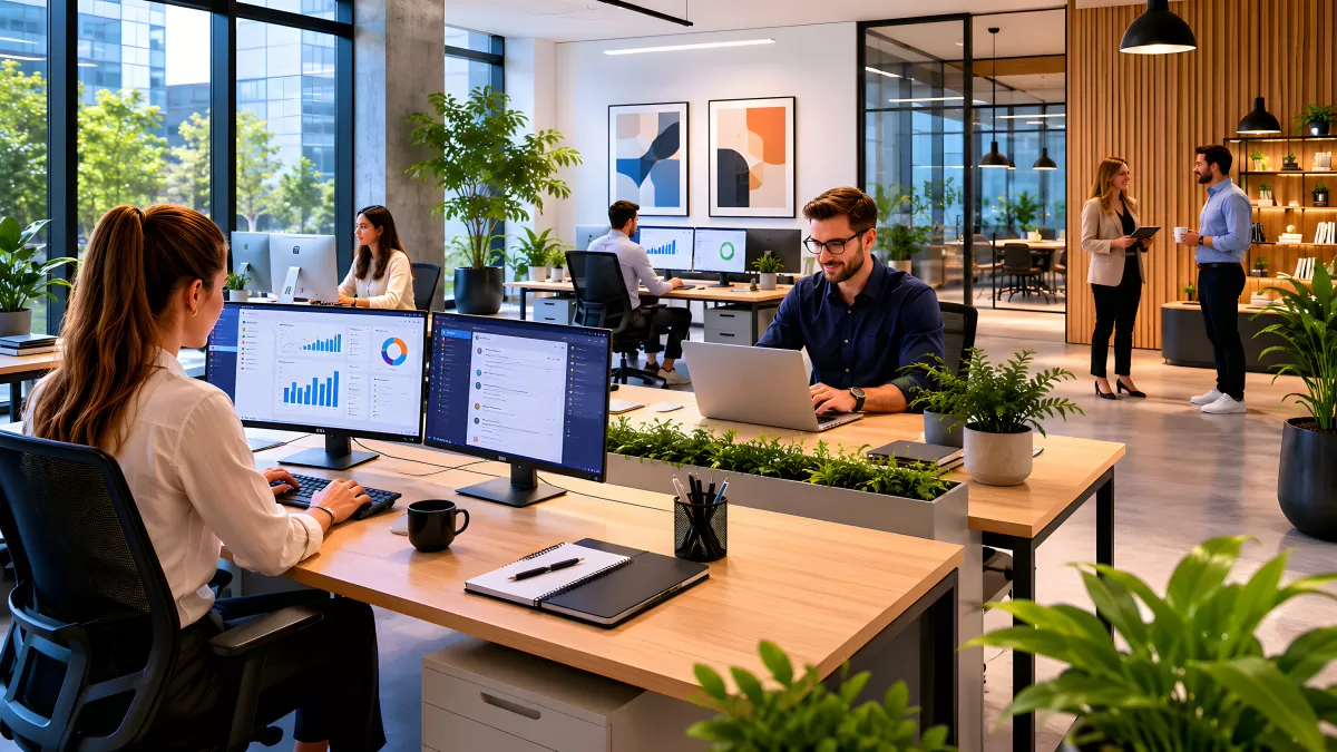 Modernes Büro mit Mitarbeitern an Schreibtischen