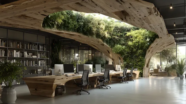 Modernes Büro mit natürlicher Holzgestaltung und üppiger Begrünung