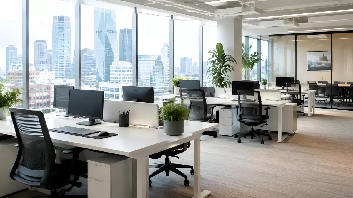 Modernes Büro mit Stadtblick und weißen Schreibtischen