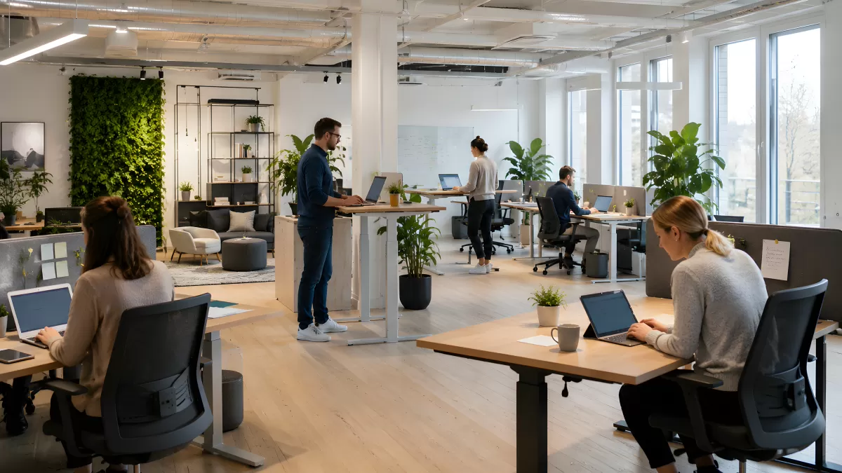 Modernes Büro mit Stehschreibtischen und Grünpflanzen