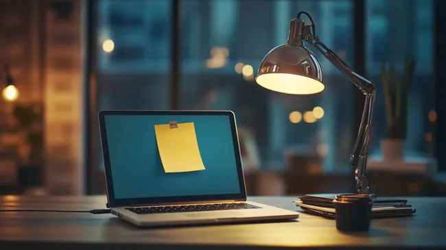 Modernes Büroarbeitsplatz-Arrangement mit Laptop und Lampe