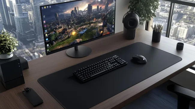 Modernes Bürodesktop mit Panoramablick auf Großstadt