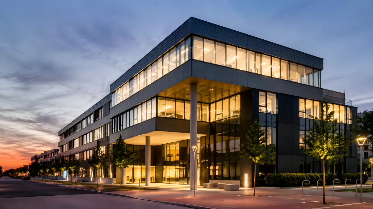 Modernes Bürogebäude bei Abenddämmerung beleuchtet